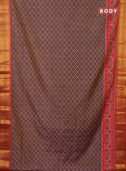 Semi tussar saree dual shade of bluish grey and dual shade of pink with allover ikat prints and zari woven border