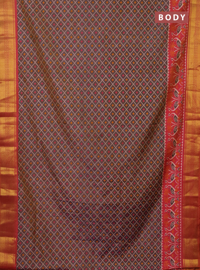 Semi tussar saree dual shade of bluish grey and dual shade of pink with allover ikat prints and zari woven border