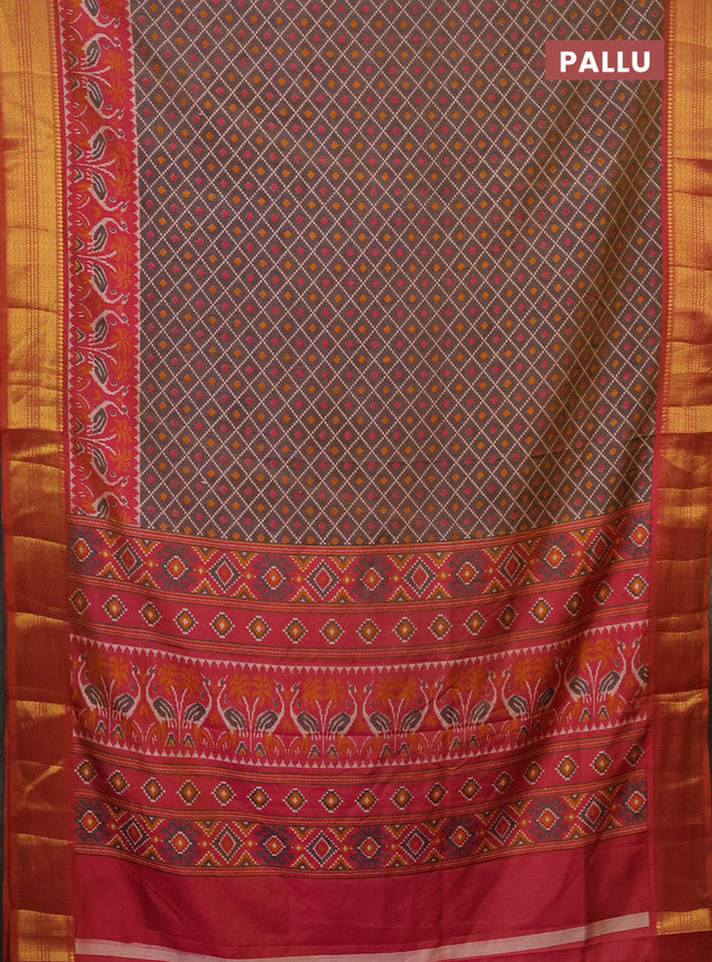 Semi tussar saree dual shade of bluish grey and dual shade of pink with allover ikat prints and zari woven border