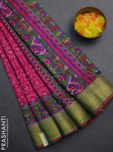 Semi tussar saree pink and dual shade of green with allover warli prints and zari woven border