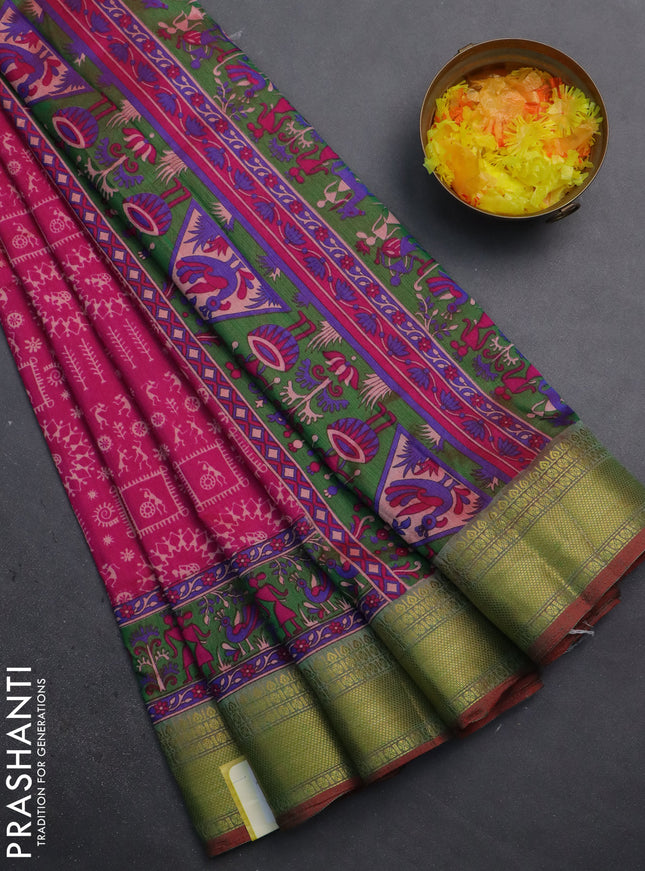 Semi tussar saree pink and dual shade of green with allover warli prints and zari woven border