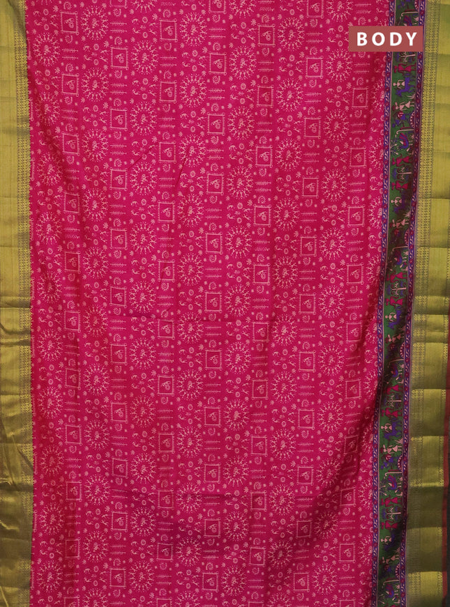 Semi tussar saree pink and dual shade of green with allover warli prints and zari woven border