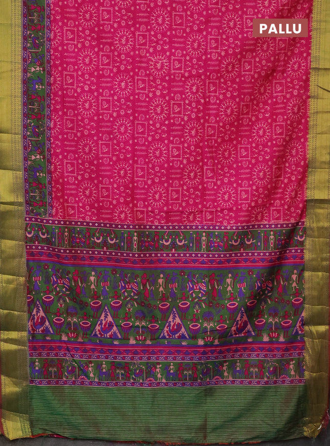 Semi tussar saree pink and dual shade of green with allover warli prints and zari woven border