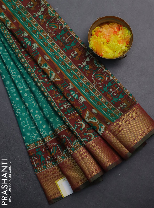 Semi tussar saree green and maroon with allover warli prints and zari woven border