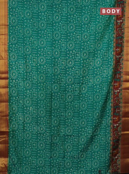 Semi tussar saree green and maroon with allover warli prints and zari woven border