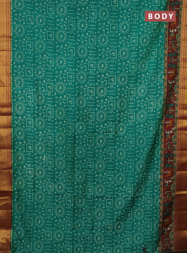 Semi tussar saree green and maroon with allover warli prints and zari woven border