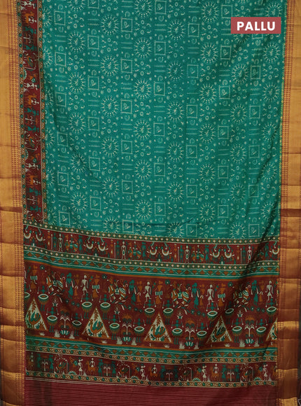 Semi tussar saree green and maroon with allover warli prints and zari woven border