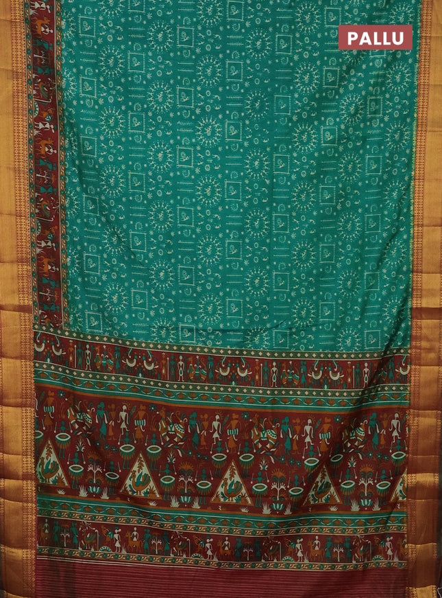 Semi tussar saree green and maroon with allover warli prints and zari woven border