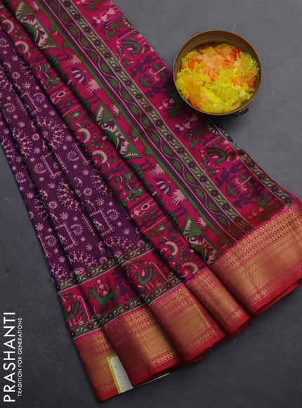 Semi tussar saree dark purple and pink with allover warli prints and zari woven border