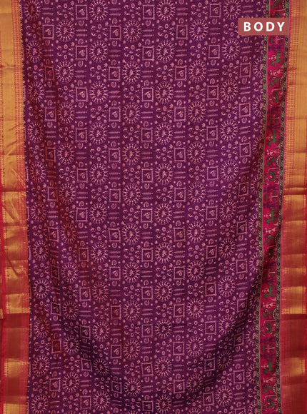 Semi tussar saree dark purple and pink with allover warli prints and zari woven border