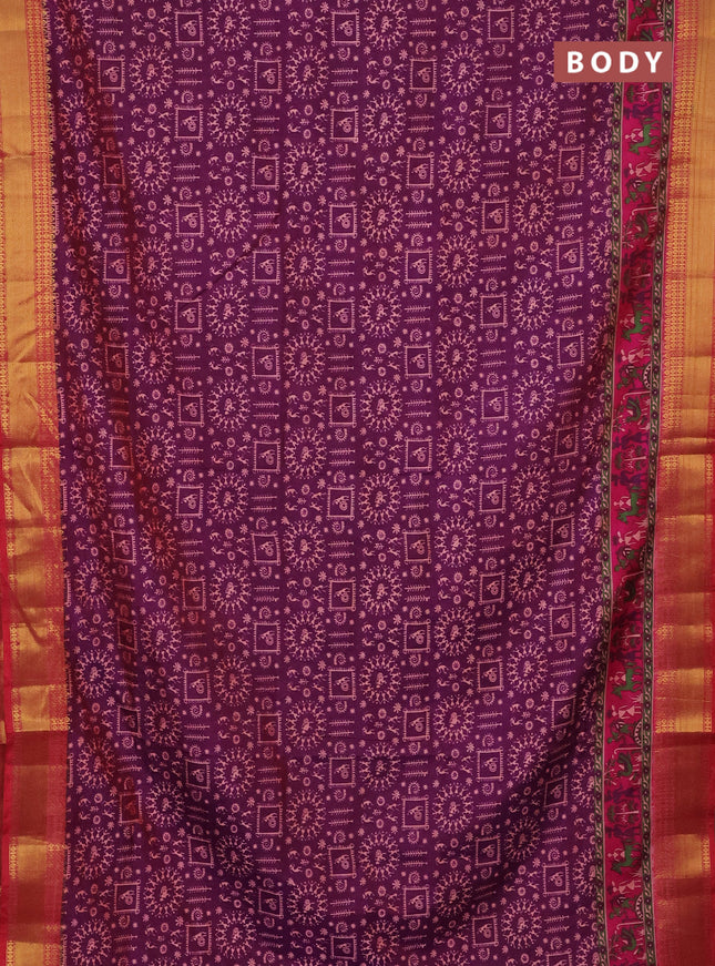 Semi tussar saree dark purple and pink with allover warli prints and zari woven border