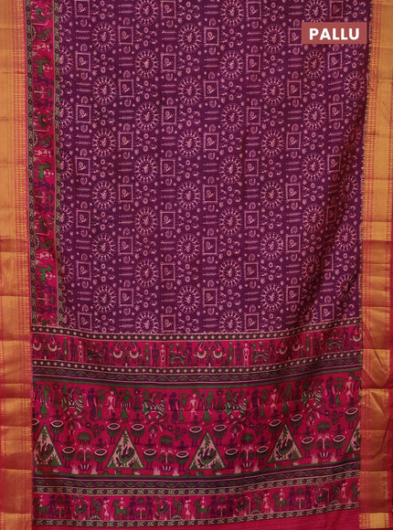 Semi tussar saree dark purple and pink with allover warli prints and zari woven border