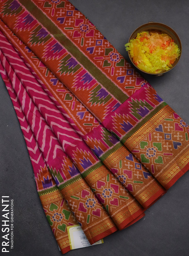 Semi tussar saree pink and dark mustard with allover zig zag prints and zari woven ikat border
