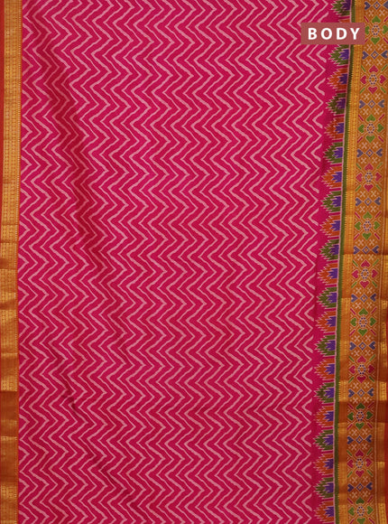Semi tussar saree pink and dark mustard with allover zig zag prints and zari woven ikat border