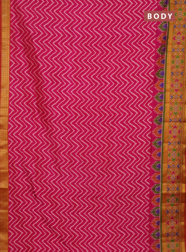 Semi tussar saree pink and dark mustard with allover zig zag prints and zari woven ikat border