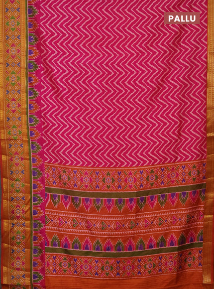 Semi tussar saree pink and dark mustard with allover zig zag prints and zari woven ikat border