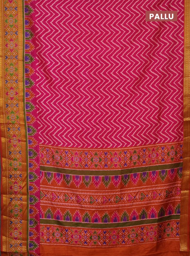 Semi tussar saree pink and dark mustard with allover zig zag prints and zari woven ikat border