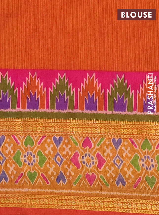 Semi tussar saree pink and dark mustard with allover zig zag prints and zari woven ikat border