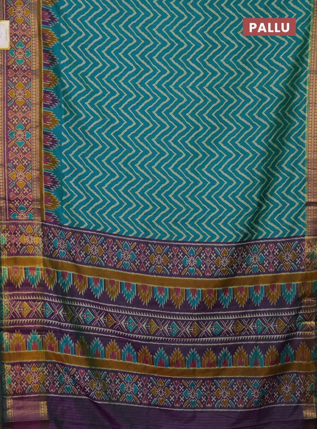 Semi tussar saree teal green and purple with allover zig zag prints and zari woven ikat border