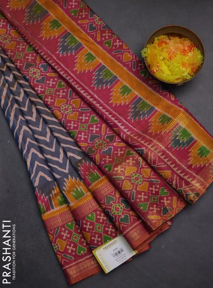 Semi tussar saree dual shade of bluish grey and pink with allover zig zag prints and zari woven ikat border