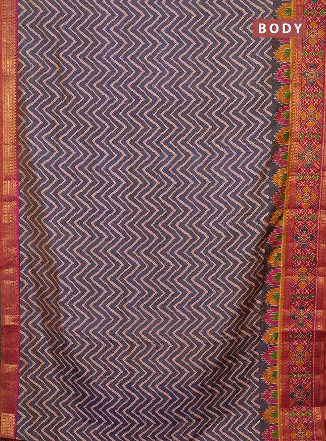 Semi tussar saree dual shade of bluish grey and pink with allover zig zag prints and zari woven ikat border
