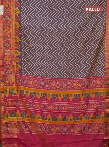 Semi tussar saree dual shade of bluish grey and pink with allover zig zag prints and zari woven ikat border