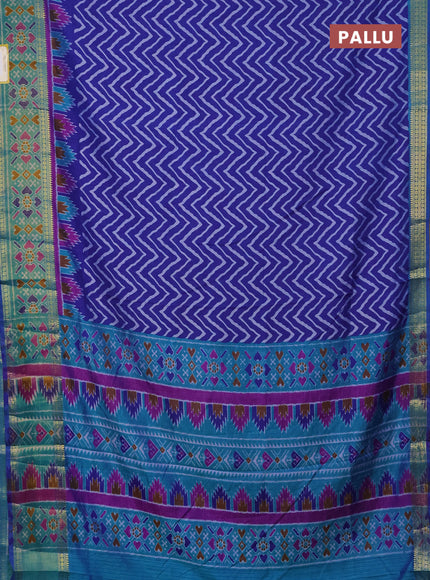 Semi tussar saree blue and teal green with allover zig zag prints and zari woven ikat border