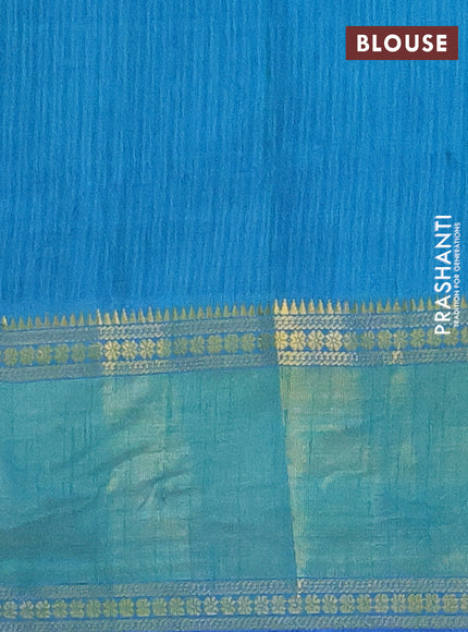 Semi tussar saree blue and teal green with allover zig zag prints and zari woven ikat border