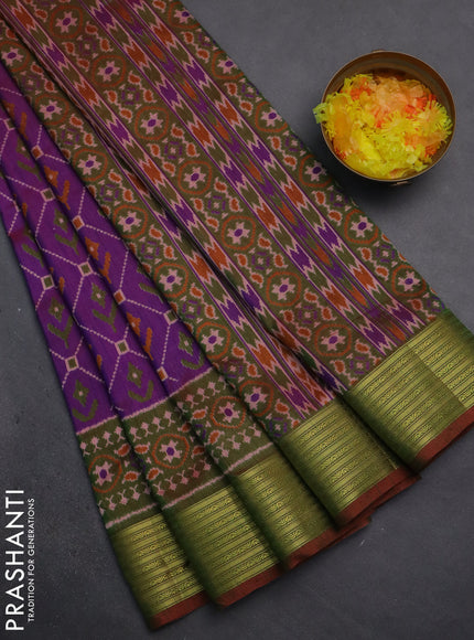 Semi tussar saree purple and dual shade of green with allover ikat prints and zari woven border