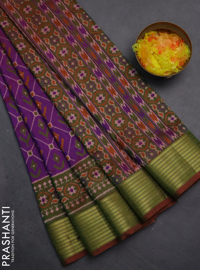 Semi tussar saree purple and dual shade of green with allover ikat prints and zari woven border