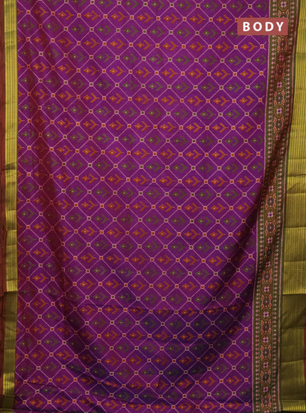 Semi tussar saree purple and dual shade of green with allover ikat prints and zari woven border