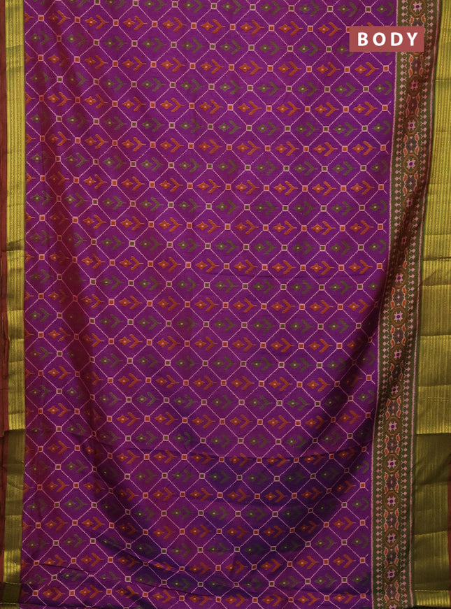 Semi tussar saree purple and dual shade of green with allover ikat prints and zari woven border