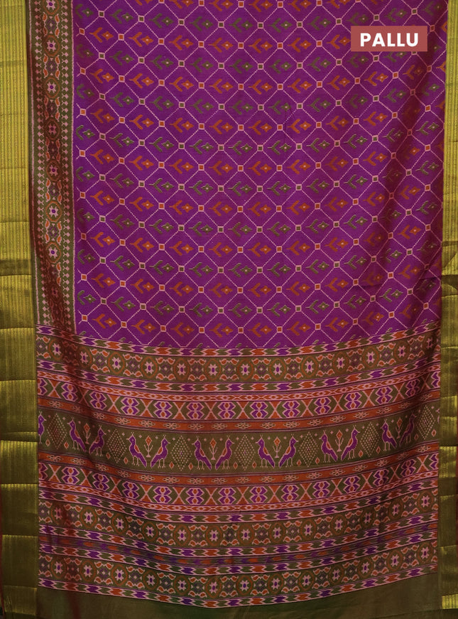Semi tussar saree purple and dual shade of green with allover ikat prints and zari woven border