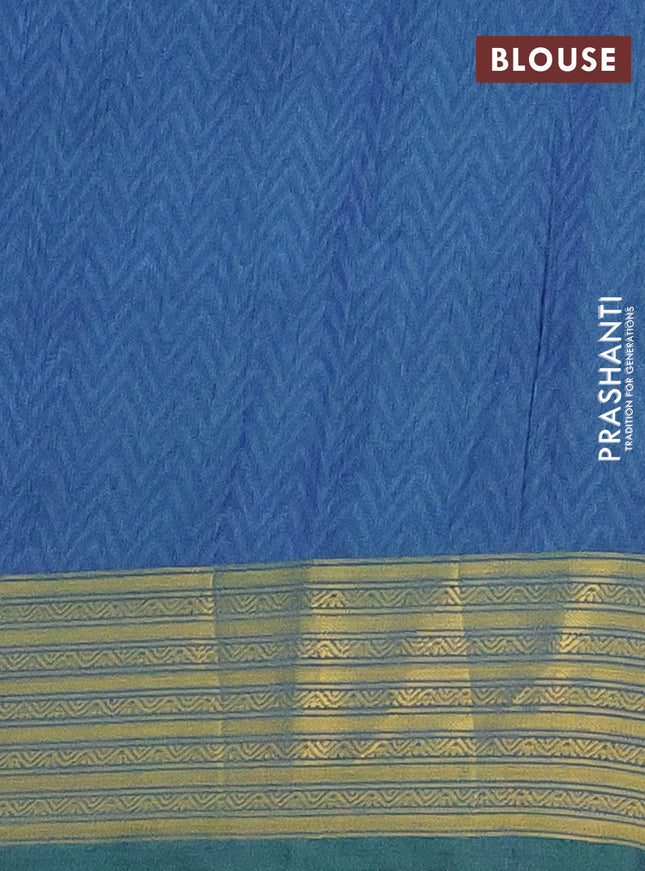 Semi tussar saree teal bluish green and dual shade of blue with allover ikat prints and zari woven border