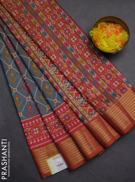 Semi tussar saree dual shade of bluish grey and dual shade of pink with allover ikat prints and zari woven border