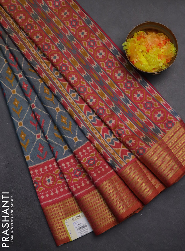 Semi tussar saree dual shade of bluish grey and dual shade of pink with allover ikat prints and zari woven border