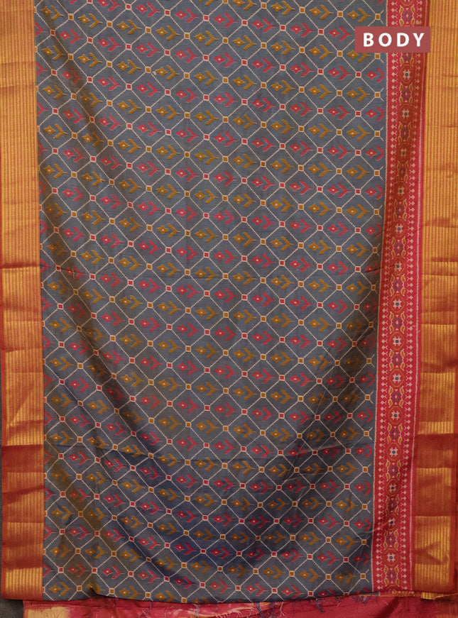 Semi tussar saree dual shade of bluish grey and dual shade of pink with allover ikat prints and zari woven border