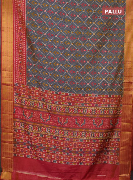 Semi tussar saree dual shade of bluish grey and dual shade of pink with allover ikat prints and zari woven border