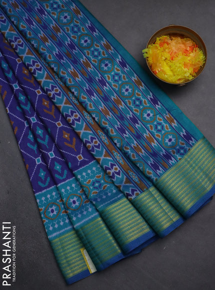 Semi tussar saree dark blue and dual shade of teal blue with allover ikat prints and zari woven border