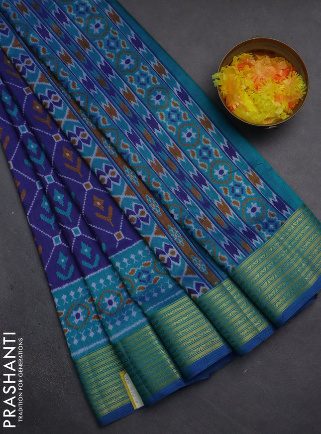 Semi tussar saree dark blue and dual shade of teal blue with allover ikat prints and zari woven border