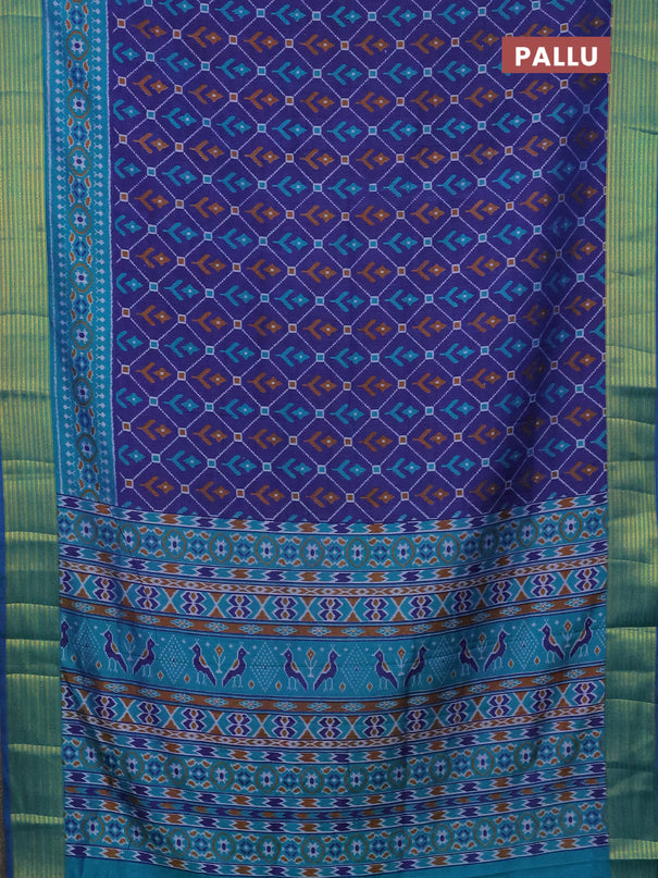 Semi tussar saree dark blue and dual shade of teal blue with allover ikat prints and zari woven border