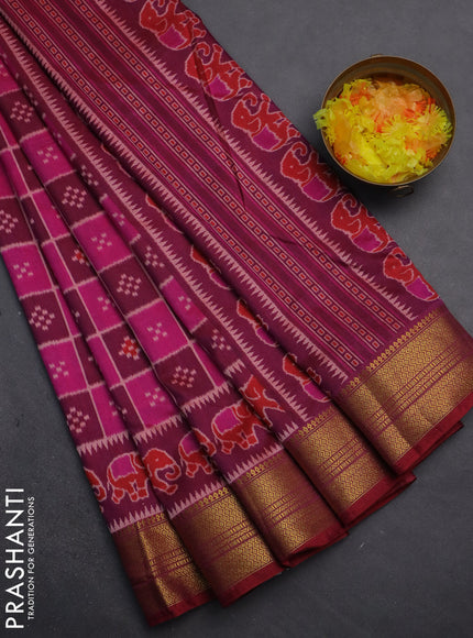 Semi tussar saree pink and dual shade of dark magenta pink with allover ikat prints and zari woven border