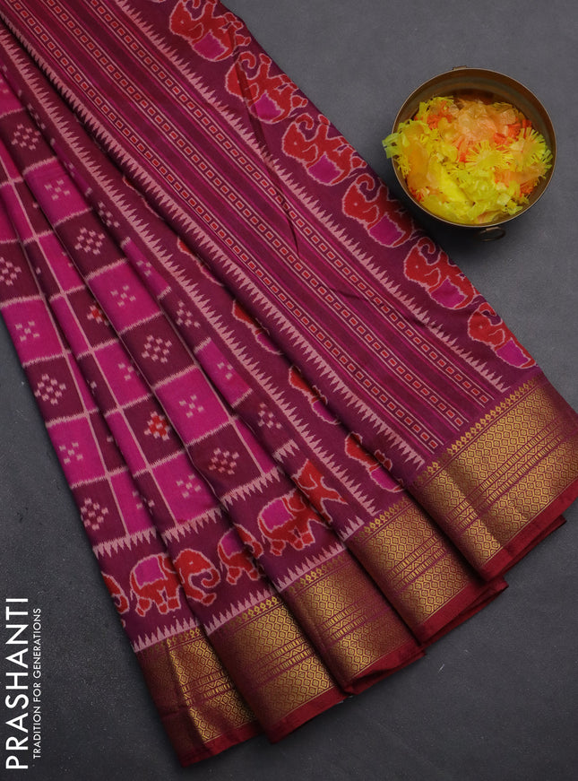 Semi tussar saree pink and dual shade of dark magenta pink with allover ikat prints and zari woven border