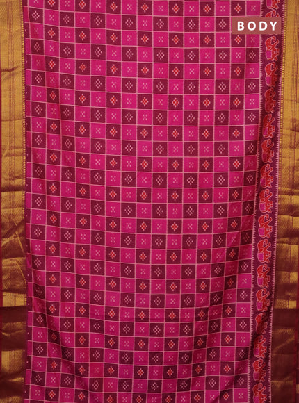 Semi tussar saree pink and dual shade of dark magenta pink with allover ikat prints and zari woven border