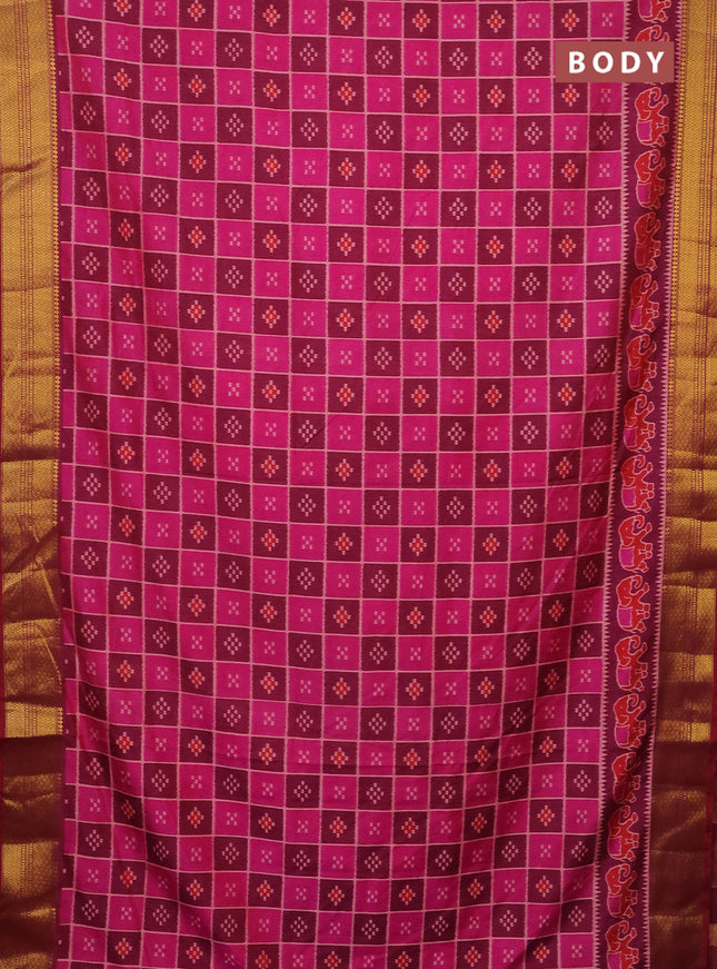 Semi tussar saree pink and dual shade of dark magenta pink with allover ikat prints and zari woven border