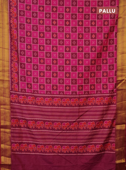 Semi tussar saree pink and dual shade of dark magenta pink with allover ikat prints and zari woven border