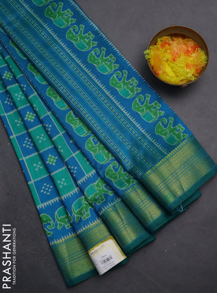 Semi tussar saree teal green and cs blue with allover ikat prints and zari woven border