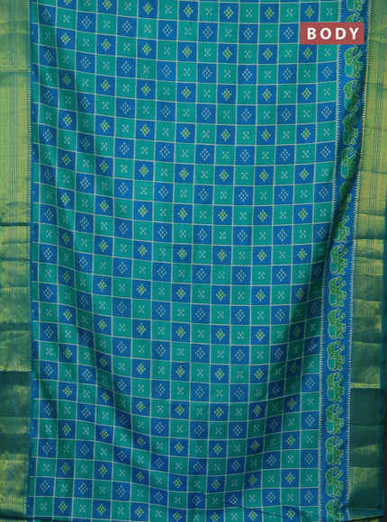 Semi tussar saree teal green and cs blue with allover ikat prints and zari woven border