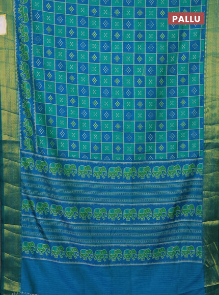 Semi tussar saree teal green and cs blue with allover ikat prints and zari woven border
