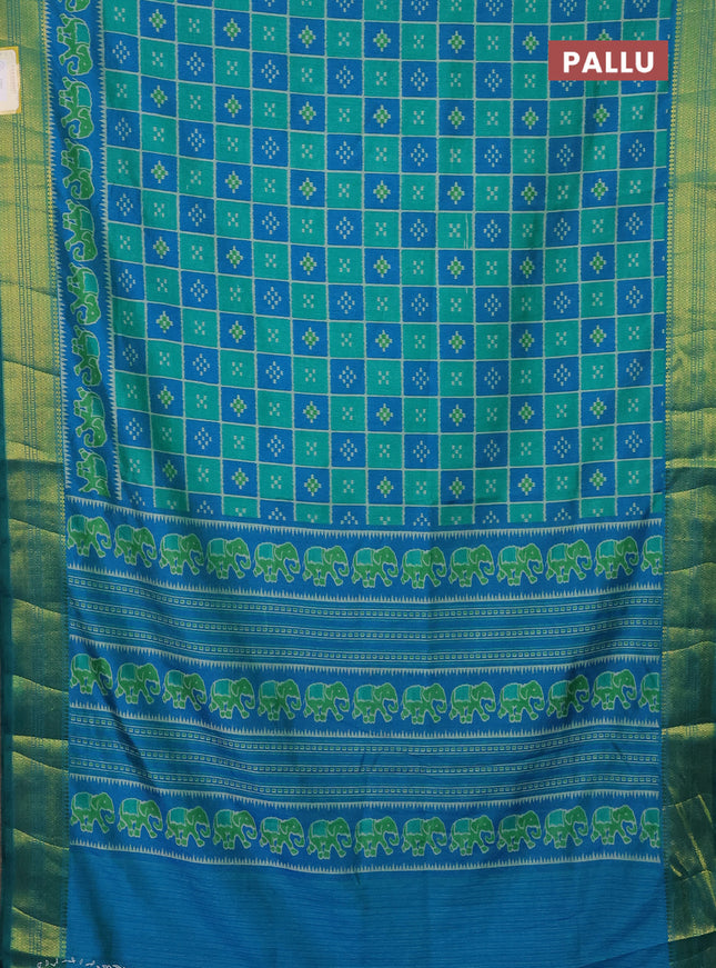 Semi tussar saree teal green and cs blue with allover ikat prints and zari woven border